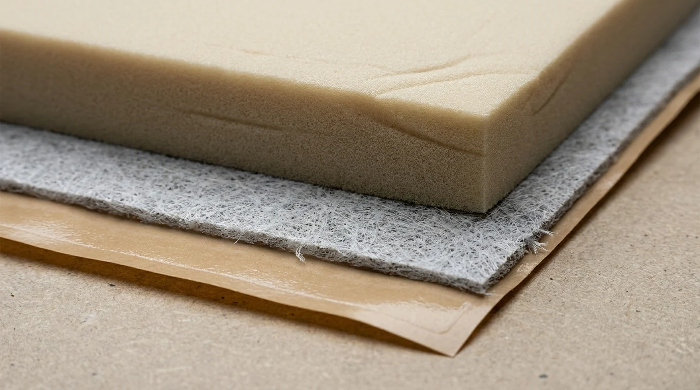 Close-up of foam, nonwoven fleece and a carrier layer at the bonding interface
