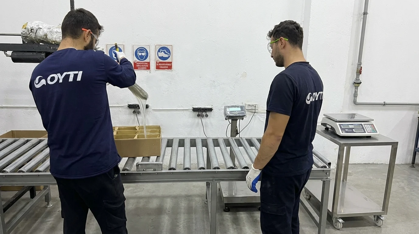 OYTI production team filling hotmelt adhesive into cartons beside the roller conveyor and weighing equipment