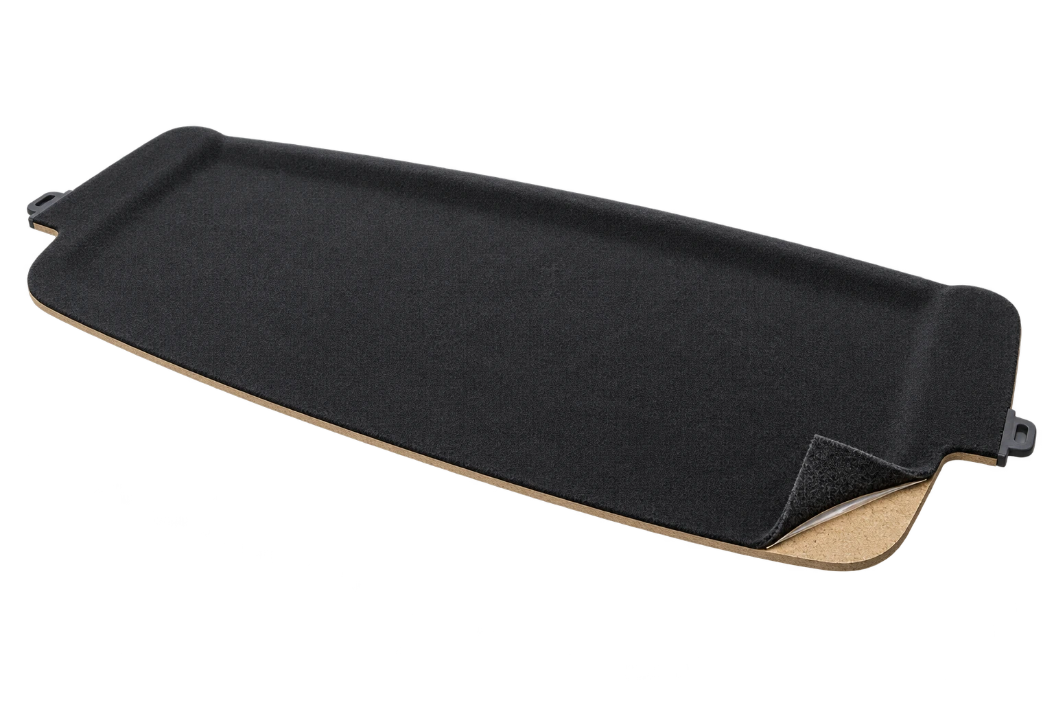 Three-dimensional luggage cover with a peeled black carpet corner showing a thin adhesive interface over a wood-fibre board