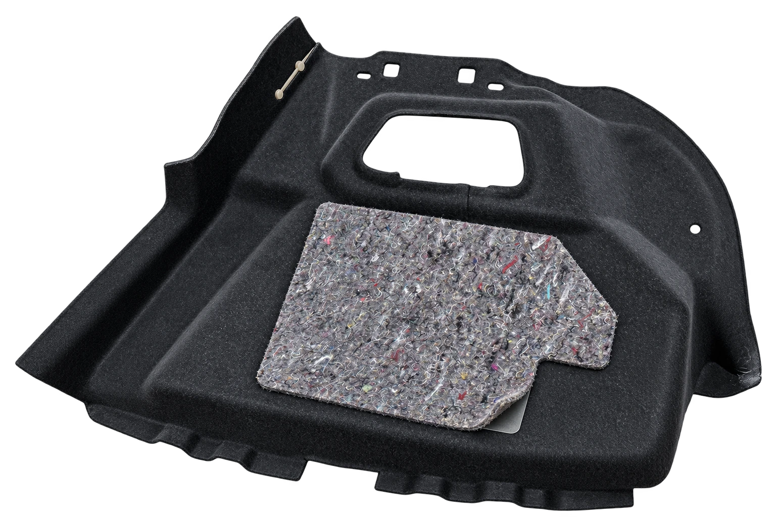 Three-dimensional side panel with a rectangular opening and partly lifted acoustic felt pad