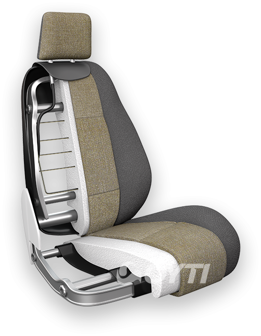 Three-dimensional vehicle seat cutaway showing foam and frame