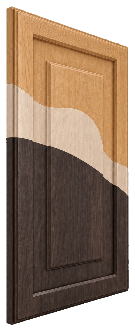 Profiled cabinet panel cutaway showing the wood carrier and decorative laminate layers