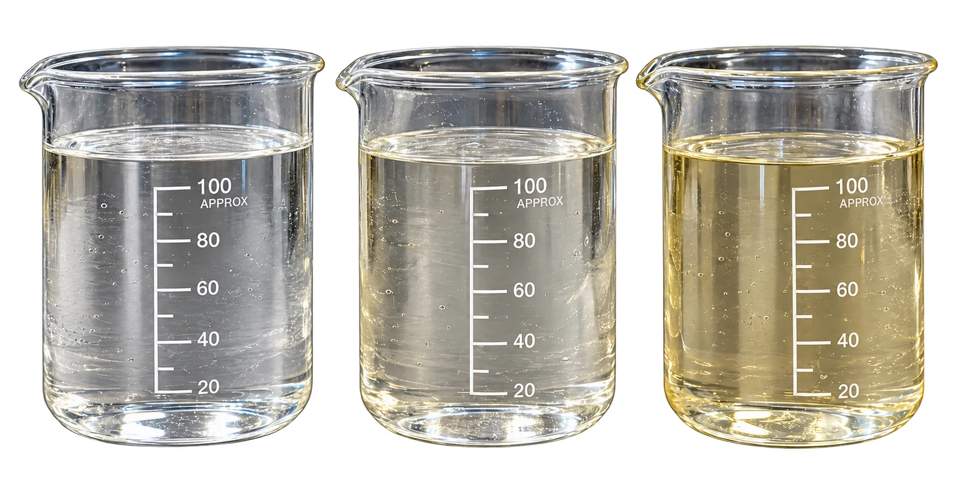 Three laboratory beakers containing clear to pale golden liquid samples