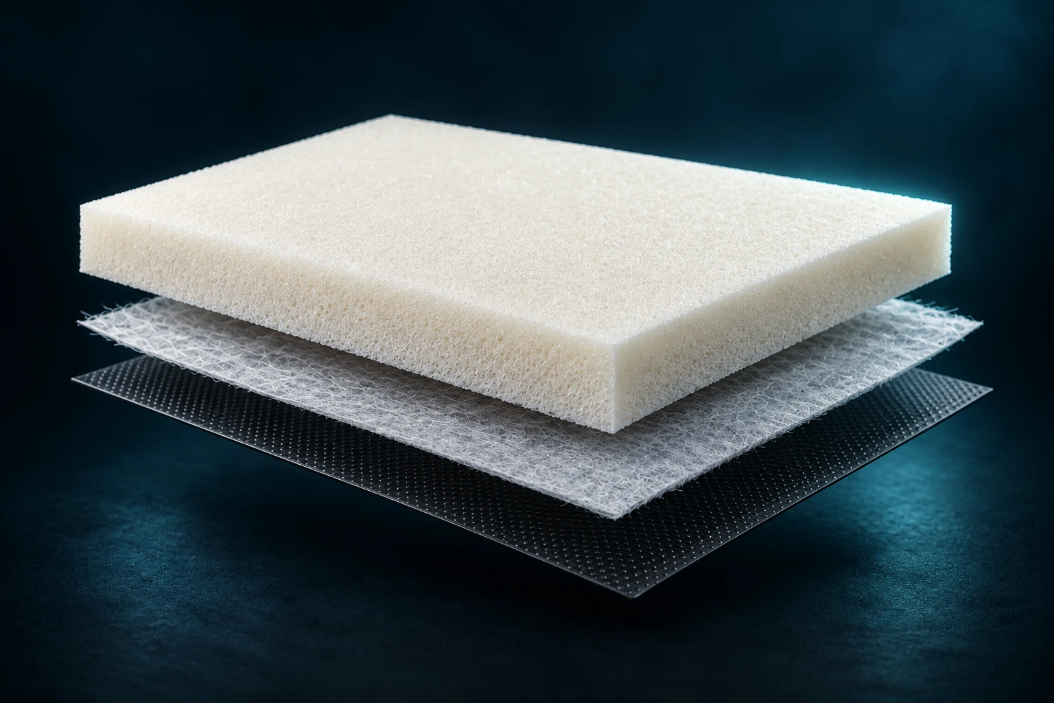 Layered white foam, fibrous nonwoven and textured black carrier on a dark background