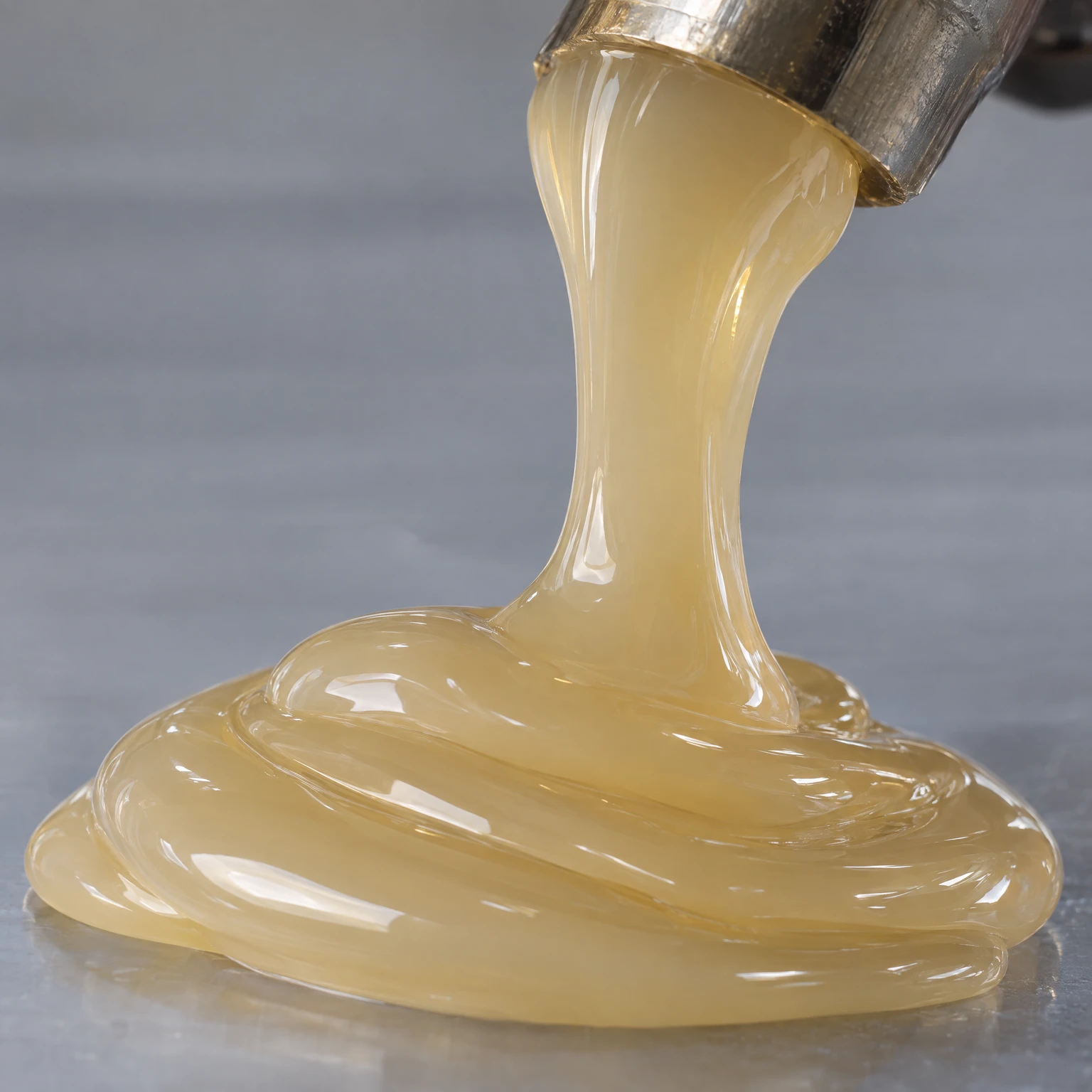 Amber adhesive flowing from a metal outlet