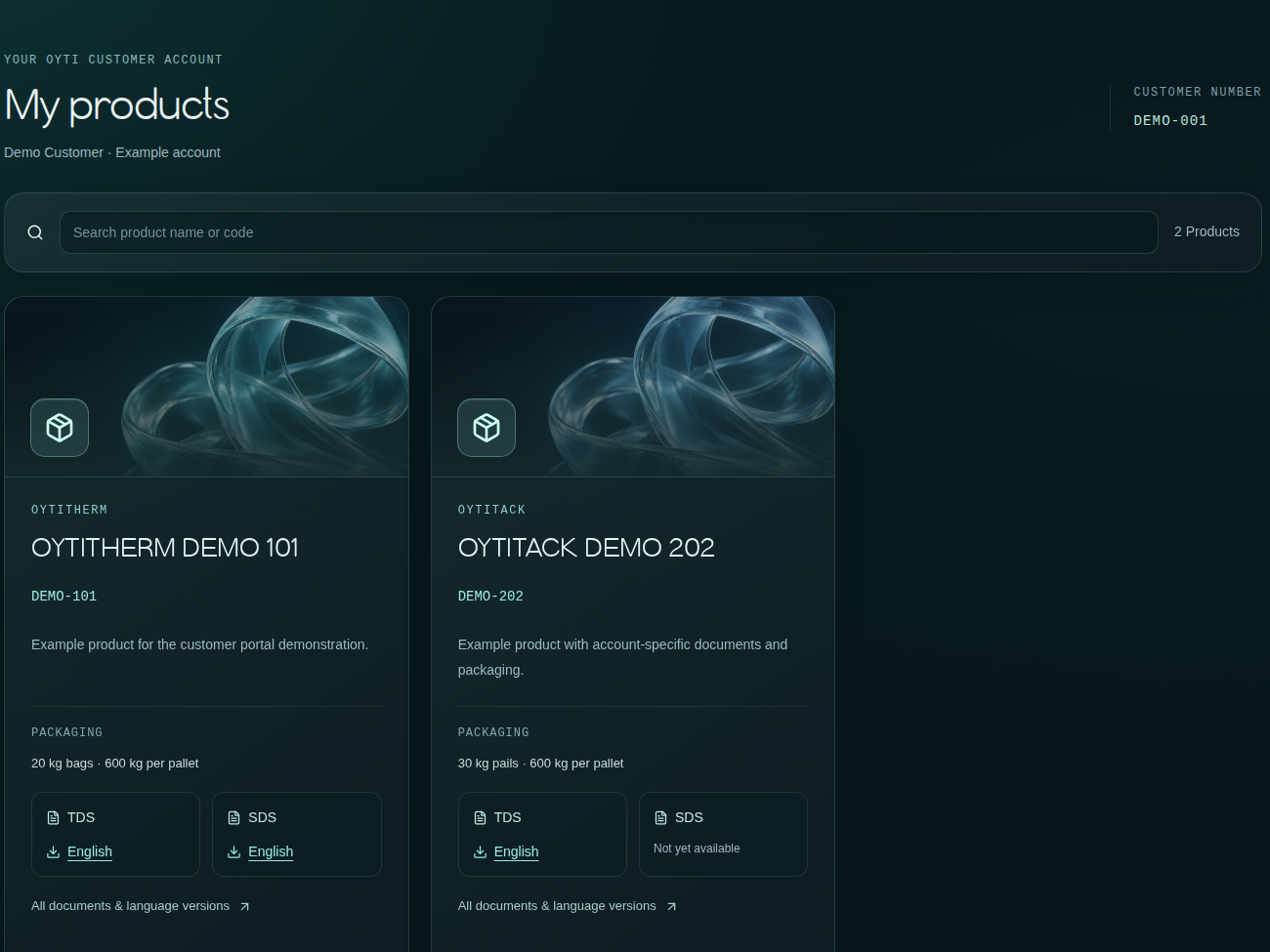 OYTI Connect — My products, demonstration account