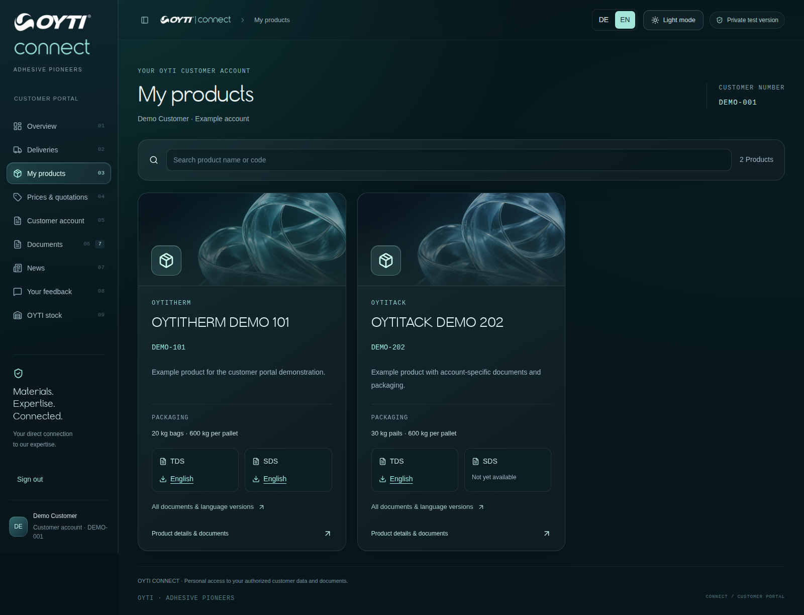 OYTI Connect portal preview: welcome with OYTI Connect logo, delivery overview, products and documents. Illustrative demo data.