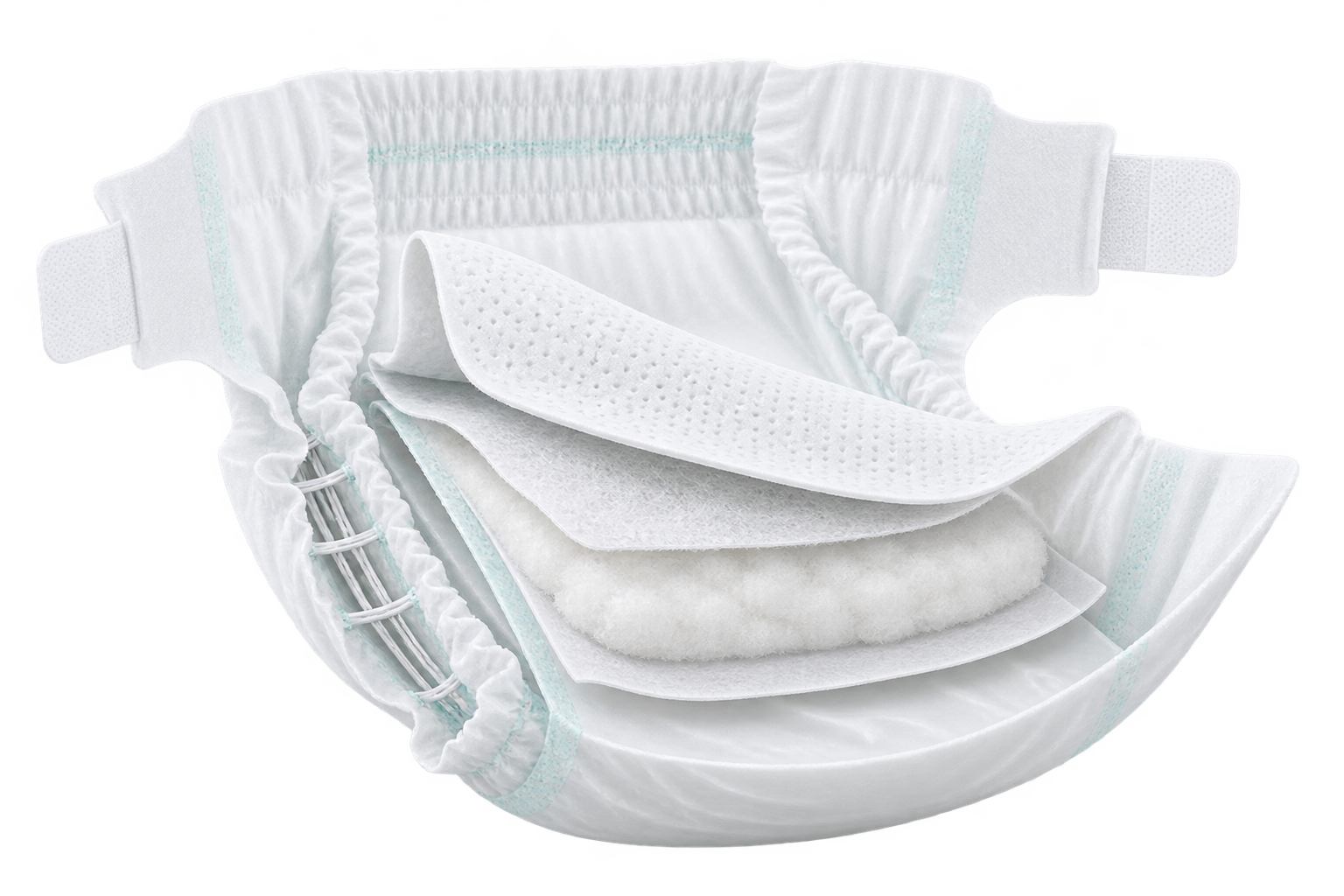 Diaper cutaway with lifted topsheet, absorbent layers, backsheet and exposed leg elastics