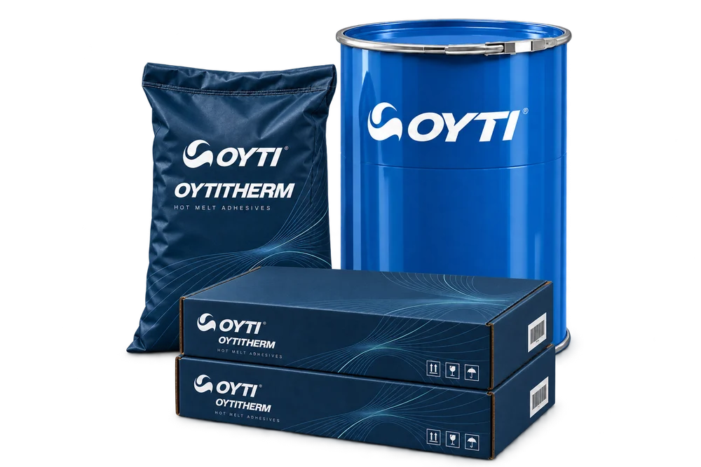 OYTITHERM packaging cluster with granulate sack, blue steel drum and OYTI standard cartons