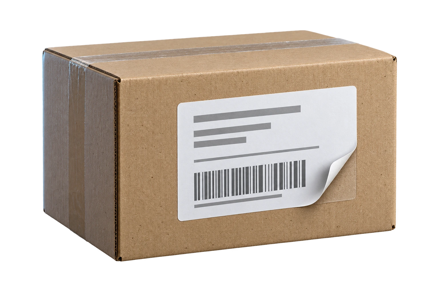 Courier parcel with a shipping label peeled at one corner to expose its layered construction