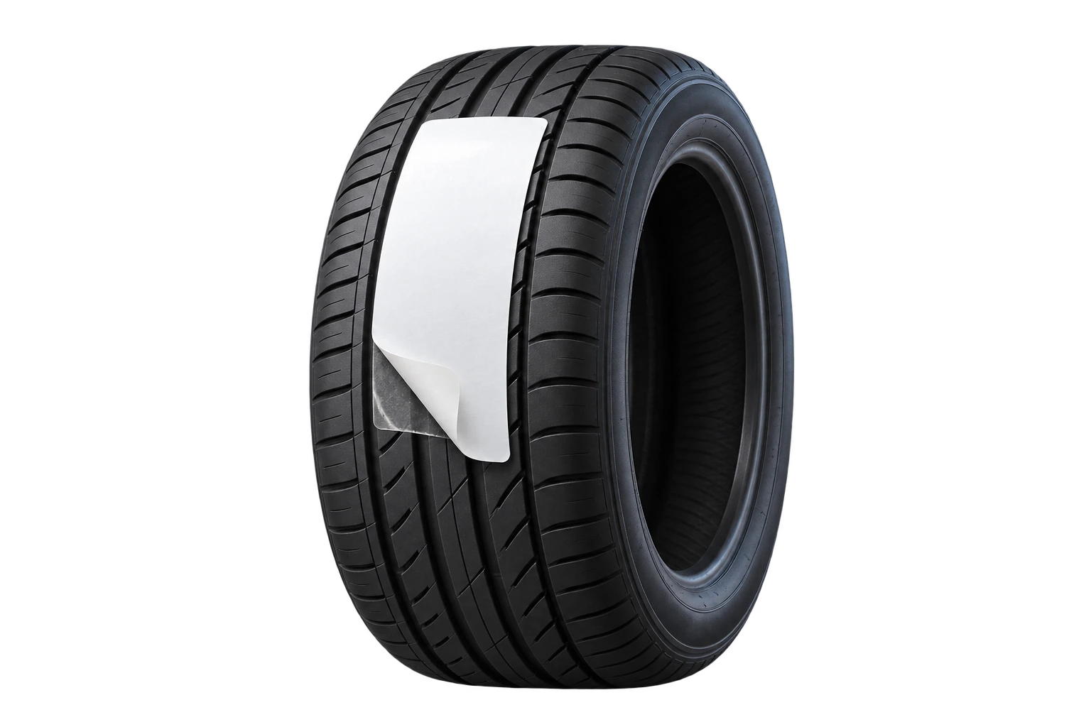 Tyre with a partially peeled tread label revealing the adhesive interface