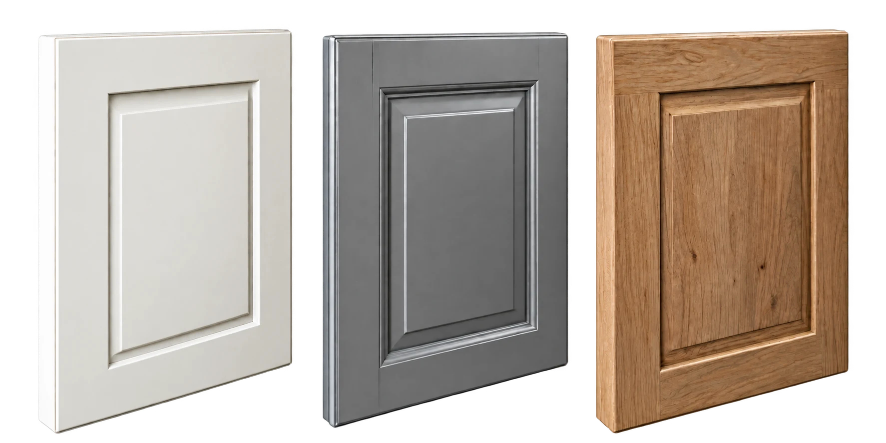 Three profiled cabinet fronts with white, grey and wood-grain finishes