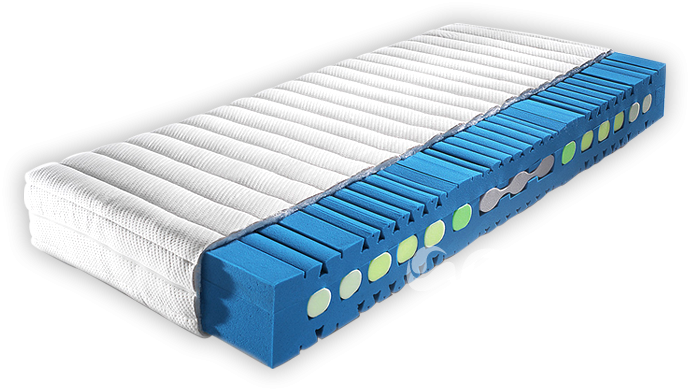 Three-dimensional cutaway of a layered foam mattress