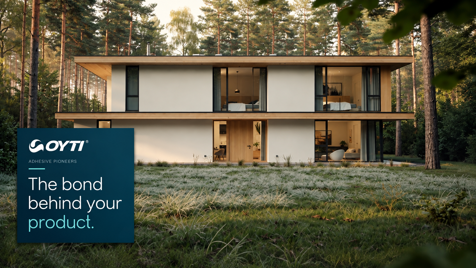 Modern house in a woodland garden with the OYTI brand card