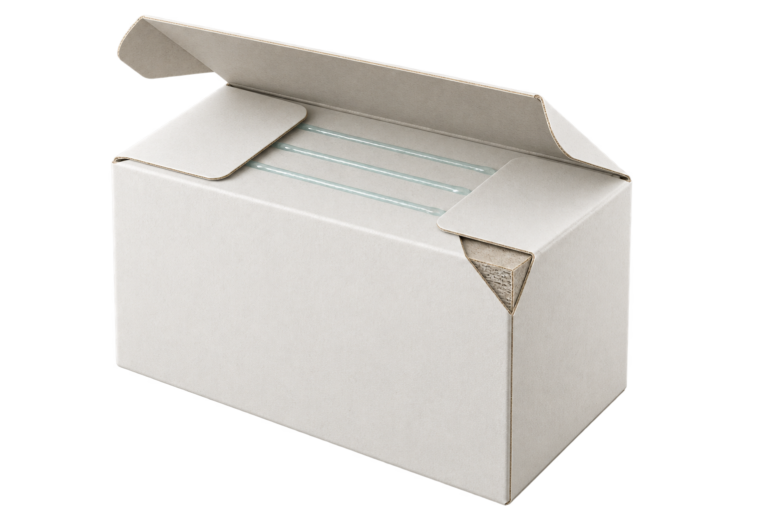 Folding carton cutaway showing paperboard fibres and hotmelt beads beneath a sealing flap