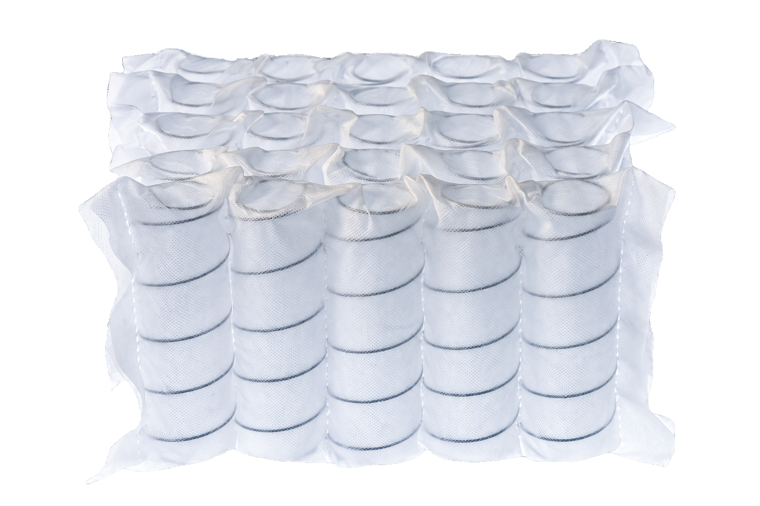 Pocket-spring mattress core cutaway with individually wrapped springs and exposed steel coils