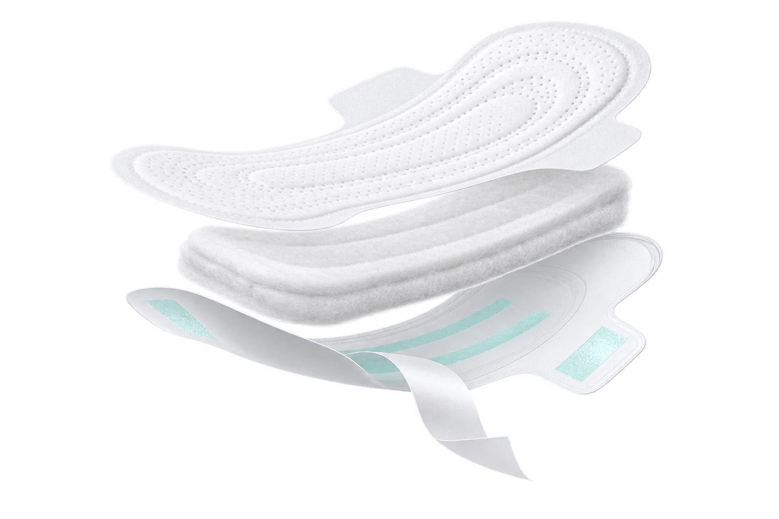 Sanitary pad cutaway with positioning adhesive