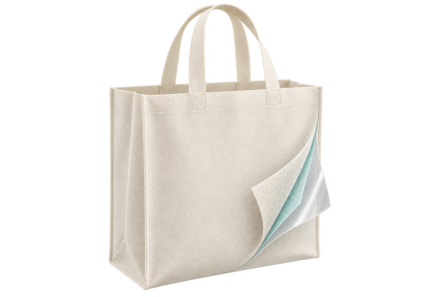 Nonwoven shopping bag with a peeled film facing revealing the adhesive and textile carrier