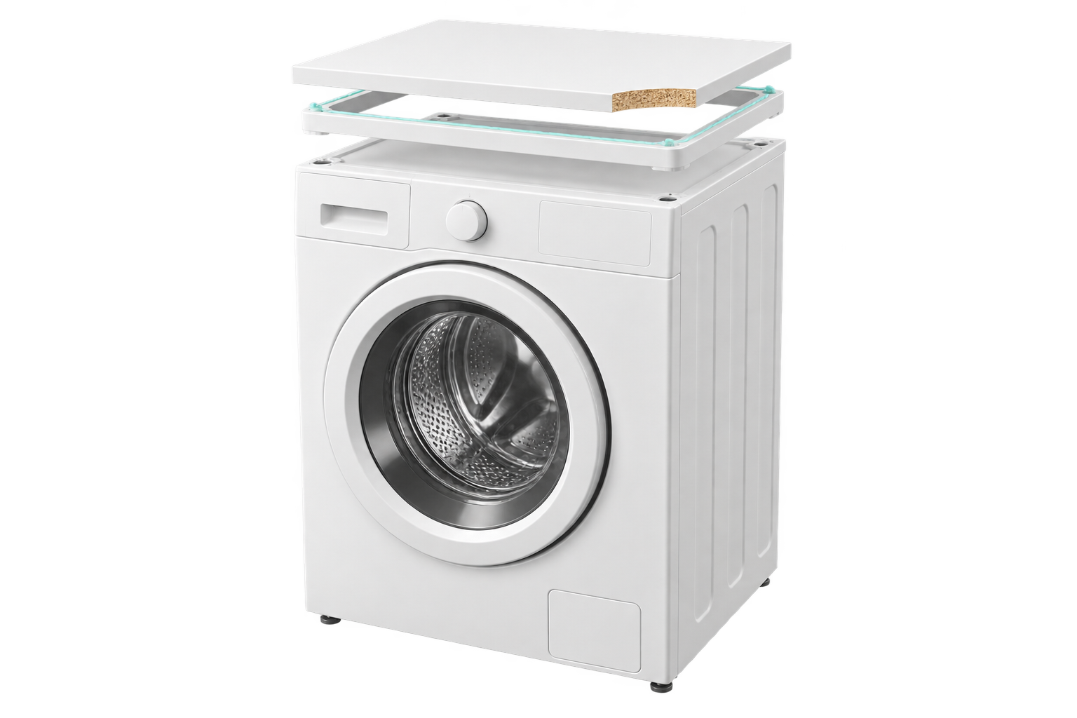 Washing machine with exploded worktop showing coated particleboard, a plastic frame and the bonding interface
