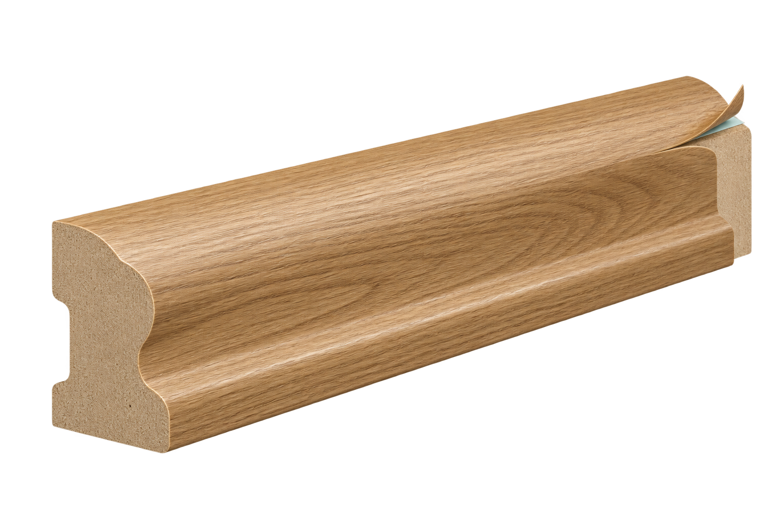 MDF profile cutaway with a peeled decorative woodgrain wrap and adhesive interface